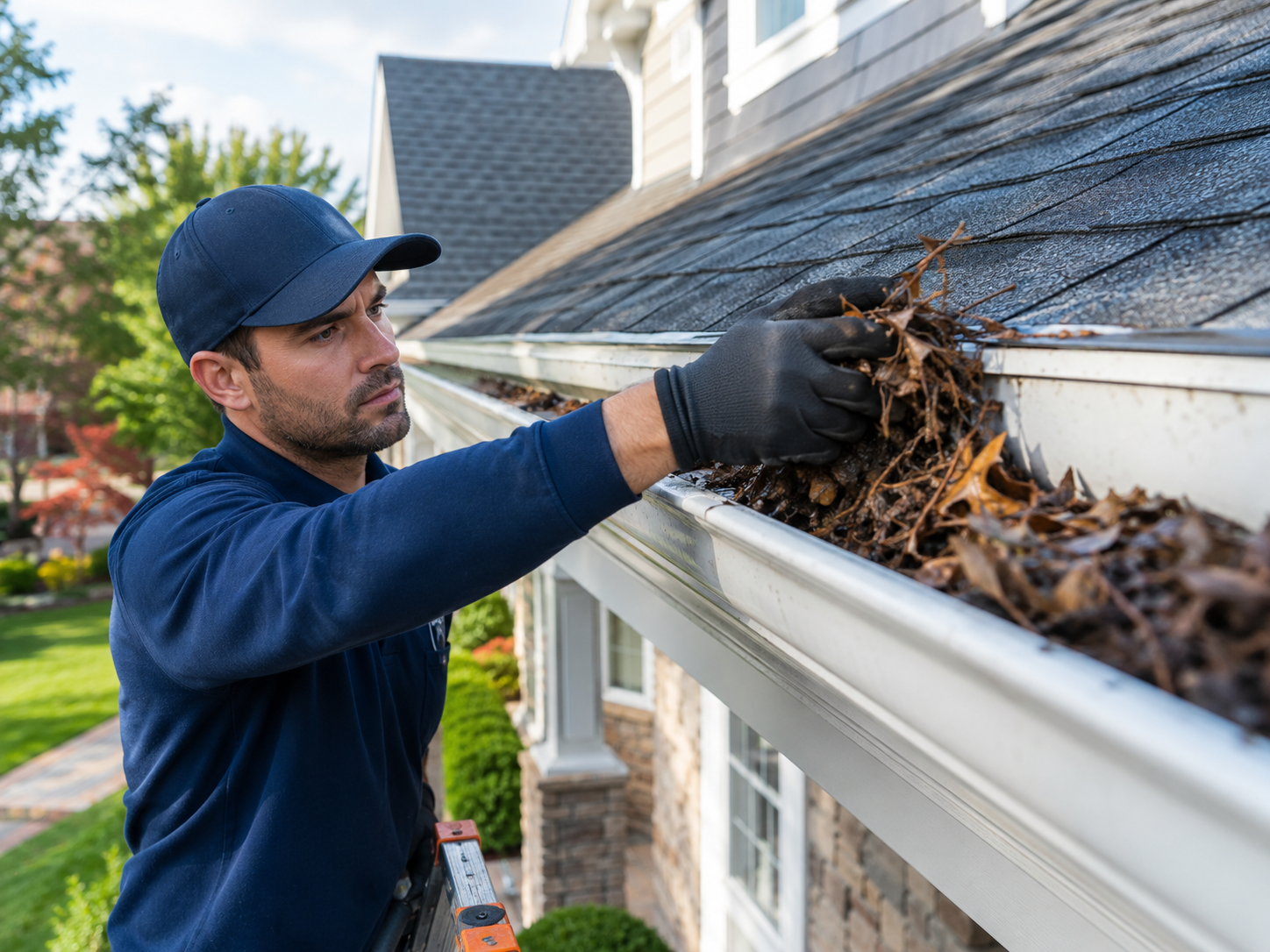 Worker removing leaves and debris from a gutter