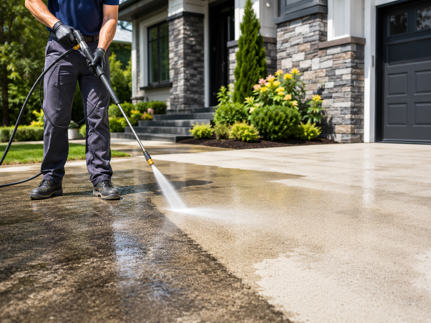 Pressure washing a driveway outside a home