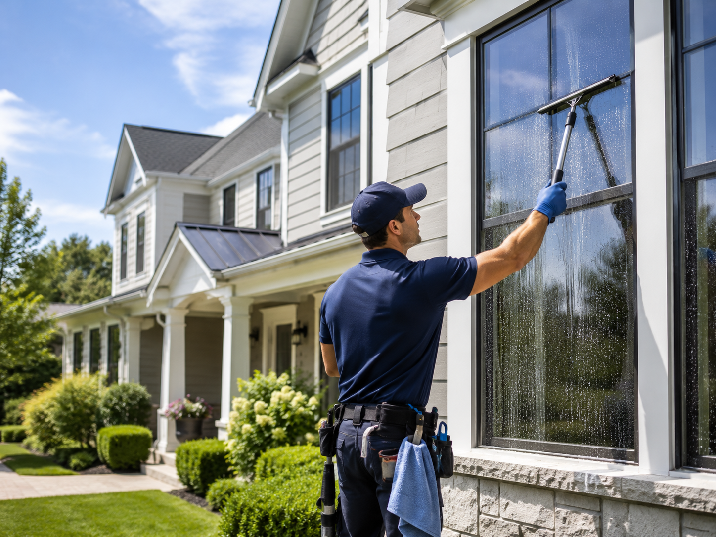 Window cleaning on a home exterior